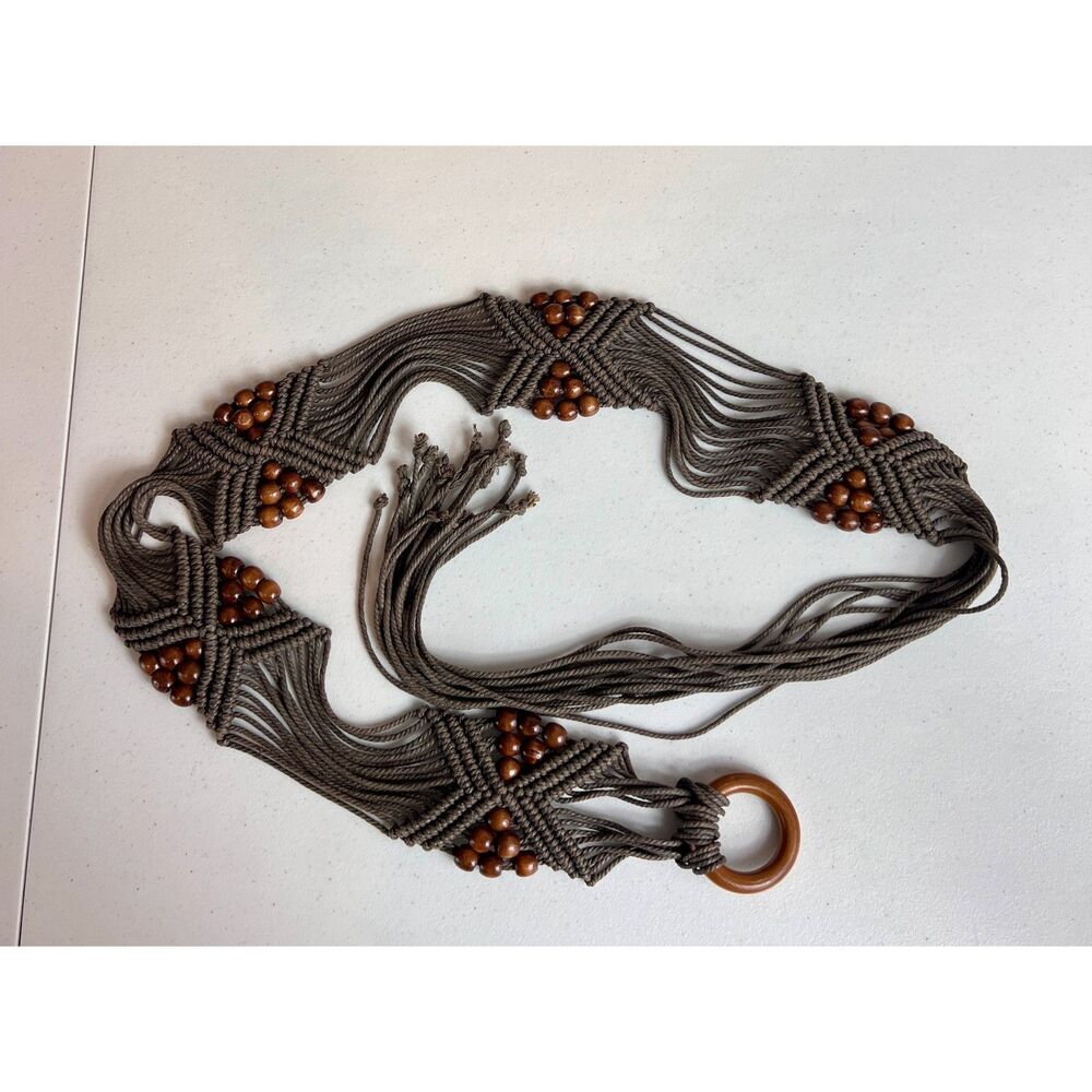 Brown Woven Boho Tie Belt Wood Beads Women's One Size (See Measurements)